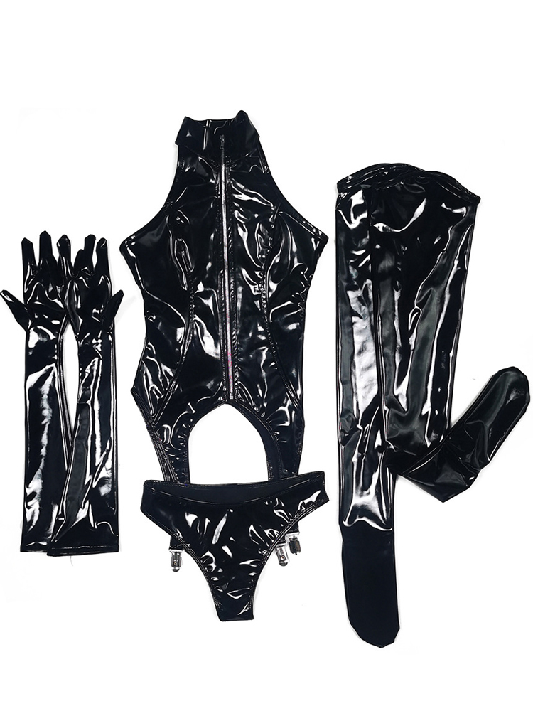 4PCS/SET Wet Look PVC Catsuit  - Garter Belt Set ulasan dan harga